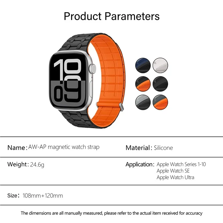 Pulseira de relógio magnética KALEBOL para Apple Watch Series 10 Ultra 9 8 7 SE 6 5 4 3 2 1 46mm 49mm 45mm 44mm 42mm - Preta + Laranja