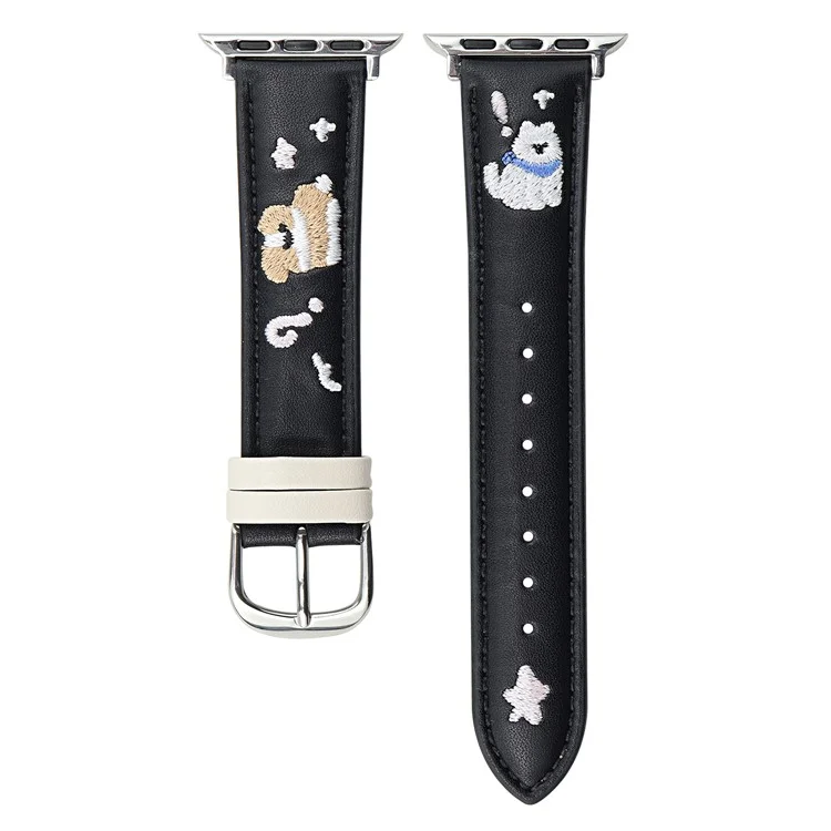 Кожаный ремешок для Apple Watch Series 10 9 8 7 SE 6 5 4 3 2 1 42 мм 41 мм 40 мм 38 мм с вышивкой кошки, регулируемый - черный