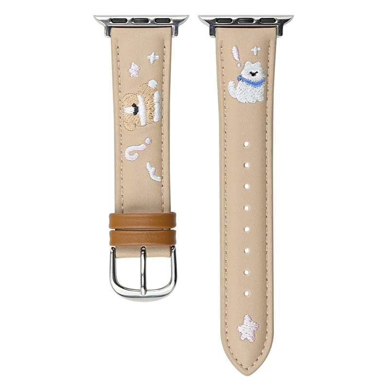 Bracelet en cuir pour Apple Watch Séries 10 9 8 7 SE 6 5 4 3 2 1 42mm 41mm 40mm 38mm avec broderie de chat, bande ajustable - Abricot