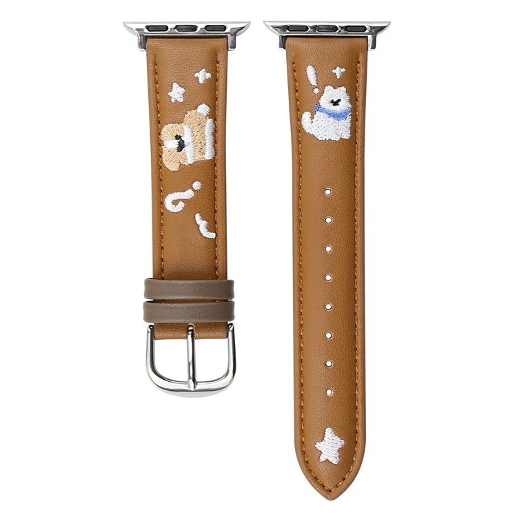 Correa de cuero para Apple Watch Series 10 Ultra 9 8 7 SE 6 5 4 3 2 1 de 46mm, 49mm, 45mm, 44mm, 42mm con bordado de gato, ajustable - Marrón