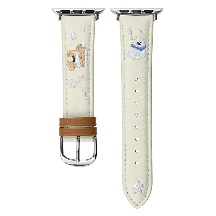 Leather Strap for Apple Watch Series 10 Ultra 9 8 7 SE 6 5 4 3 2 1 46mm 49mm 45mm 44mm 42mm Cat Embroidery Adjustable Band - White