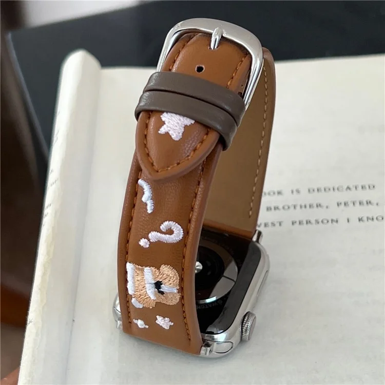 Leather Strap for Apple Watch Series 10 Ultra 9 8 7 SE 6 5 4 3 2 1 46mm 49mm 45mm 44mm 42mm Cat Embroidery Adjustable Band - White