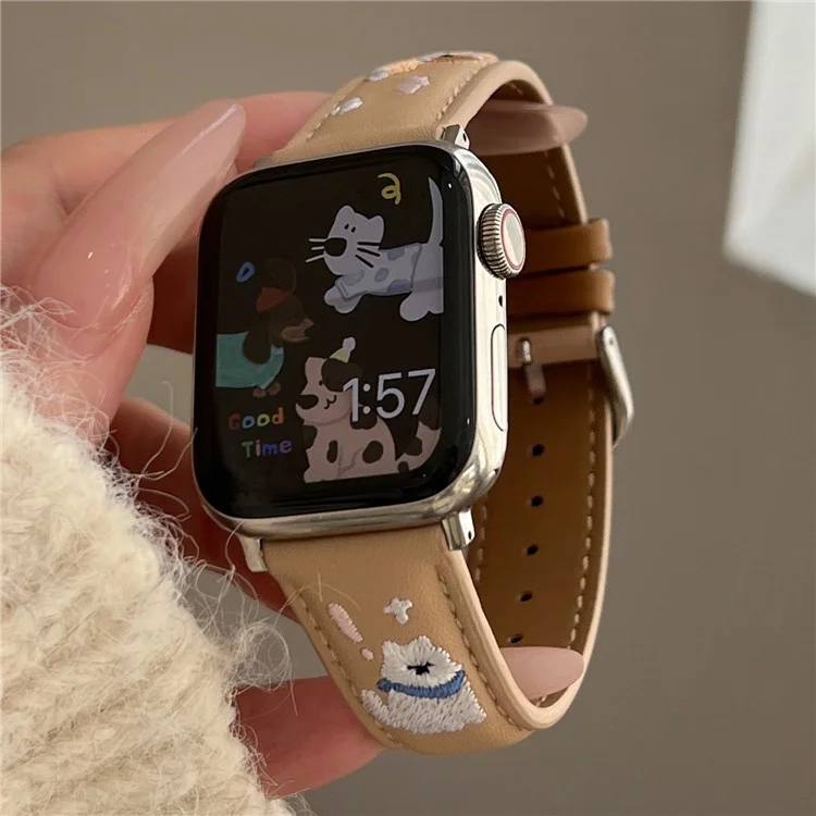 Leather Strap for Apple Watch Series 10 Ultra 9 8 7 SE 6 5 4 3 2 1 46mm 49mm 45mm 44mm 42mm Cat Embroidery Adjustable Band - White