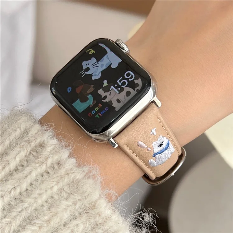 Leather Strap for Apple Watch Series 10 Ultra 9 8 7 SE 6 5 4 3 2 1 46mm 49mm 45mm 44mm 42mm Cat Embroidery Adjustable Band - White
