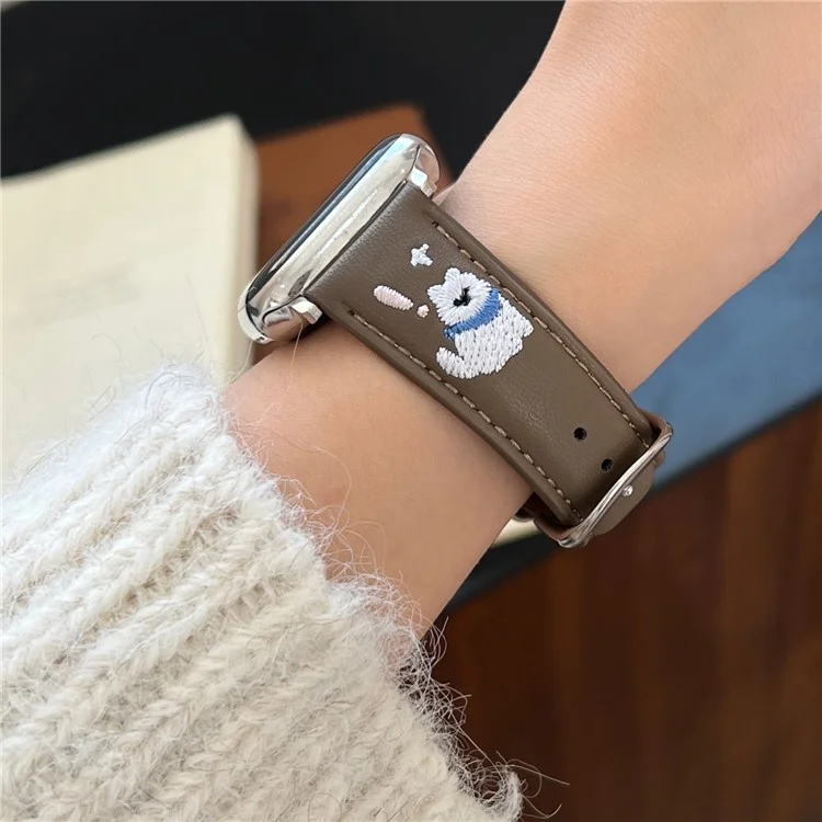 Leather Strap for Apple Watch Series 10 Ultra 9 8 7 SE 6 5 4 3 2 1 46mm 49mm 45mm 44mm 42mm Cat Embroidery Adjustable Band - White