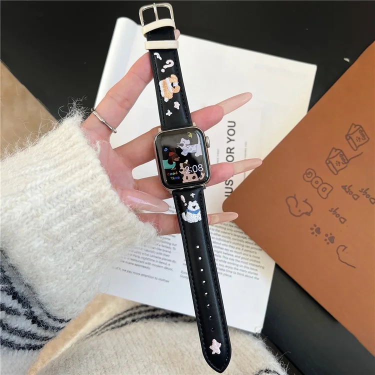 Leather Strap for Apple Watch Series 10 Ultra 9 8 7 SE 6 5 4 3 2 1 46mm 49mm 45mm 44mm 42mm Cat Embroidery Adjustable Band - White