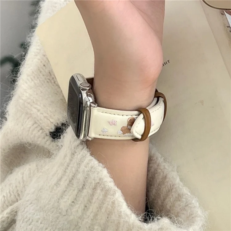 Leather Strap for Apple Watch Series 10 Ultra 9 8 7 SE 6 5 4 3 2 1 46mm 49mm 45mm 44mm 42mm Cat Embroidery Adjustable Band - White