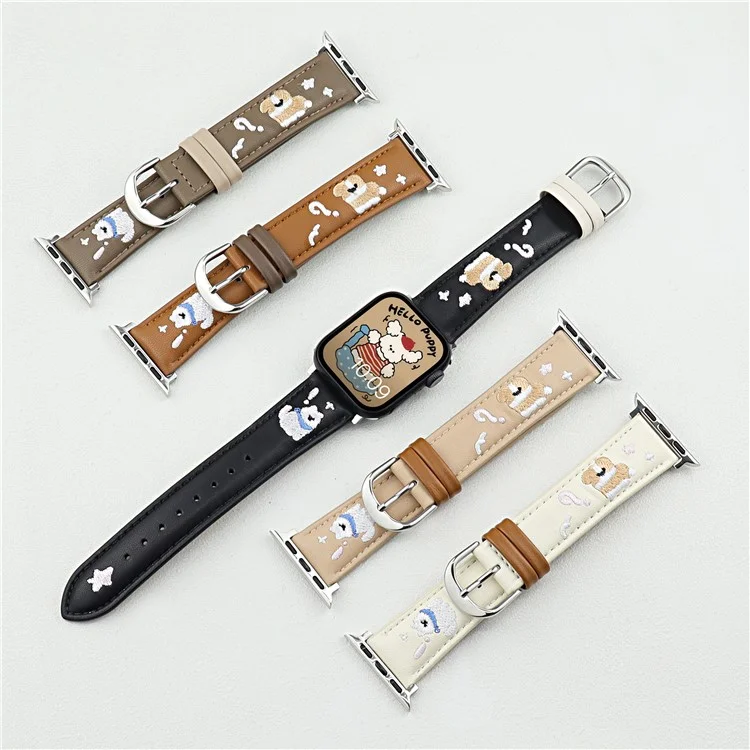 Leather Strap for Apple Watch Series 10 Ultra 9 8 7 SE 6 5 4 3 2 1 46mm 49mm 45mm 44mm 42mm Cat Embroidery Adjustable Band - White