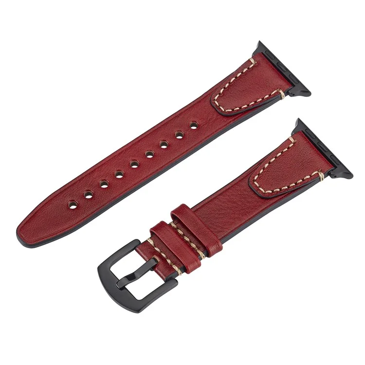 Watch Band for Apple Watch Series 10 Ultra 9 8 7 SE 6 5 4 3 2 1 46mm 49mm 45mm 44mm 42mm U-Shaped Design Genuine Cow Leather Strap - Red