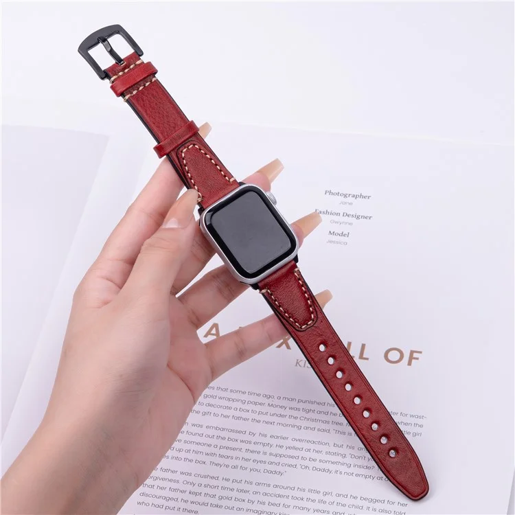Watch Band for Apple Watch Series 10 Ultra 9 8 7 SE 6 5 4 3 2 1 46mm 49mm 45mm 44mm 42mm U-Shaped Design Genuine Cow Leather Strap - Red