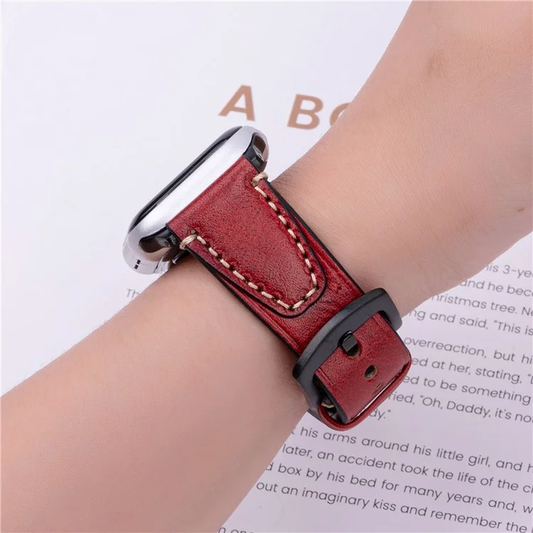 Watch Band for Apple Watch Series 10 Ultra 9 8 7 SE 6 5 4 3 2 1 46mm 49mm 45mm 44mm 42mm U-Shaped Design Genuine Cow Leather Strap - Red