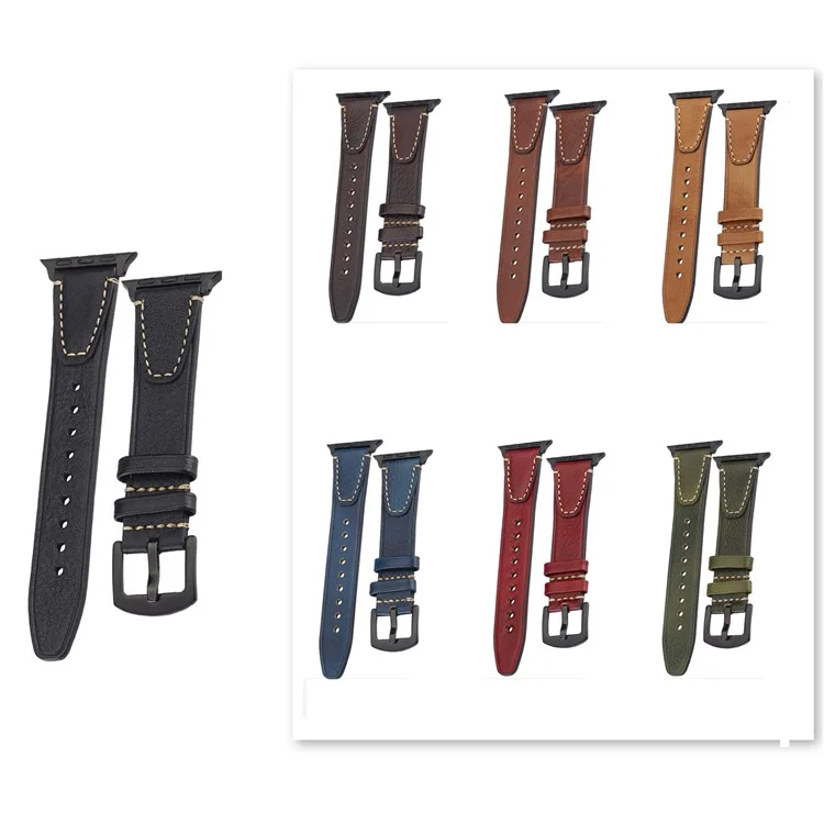 Watch Band for Apple Watch Series 10 Ultra 9 8 7 SE 6 5 4 3 2 1 46mm 49mm 45mm 44mm 42mm U-Shaped Design Genuine Cow Leather Strap - Red