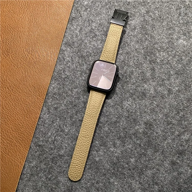 Correa de cuero genuino de vaca para Apple Watch Series 10 9 8 7 SE 6 5 4 3 2 1 de 42mm, 41mm, 40mm y 38mm, con textura de lichis y hebilla magnética - Albaricoque