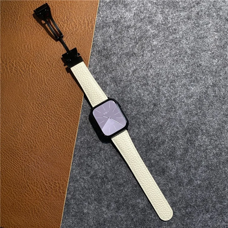 Correa de cuero genuino de vaca para Apple Watch Series 10 9 8 7 SE 6 5 4 3 2 1 de 42mm, 41mm, 40mm y 38mm, con textura de lichis y hebilla magnética - Albaricoque