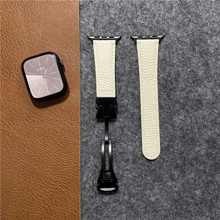 Correa de cuero genuino de vaca para Apple Watch Series 10 9 8 7 SE 6 5 4 3 2 1 de 42mm, 41mm, 40mm y 38mm, con textura de lichis y hebilla magnética - Albaricoque
