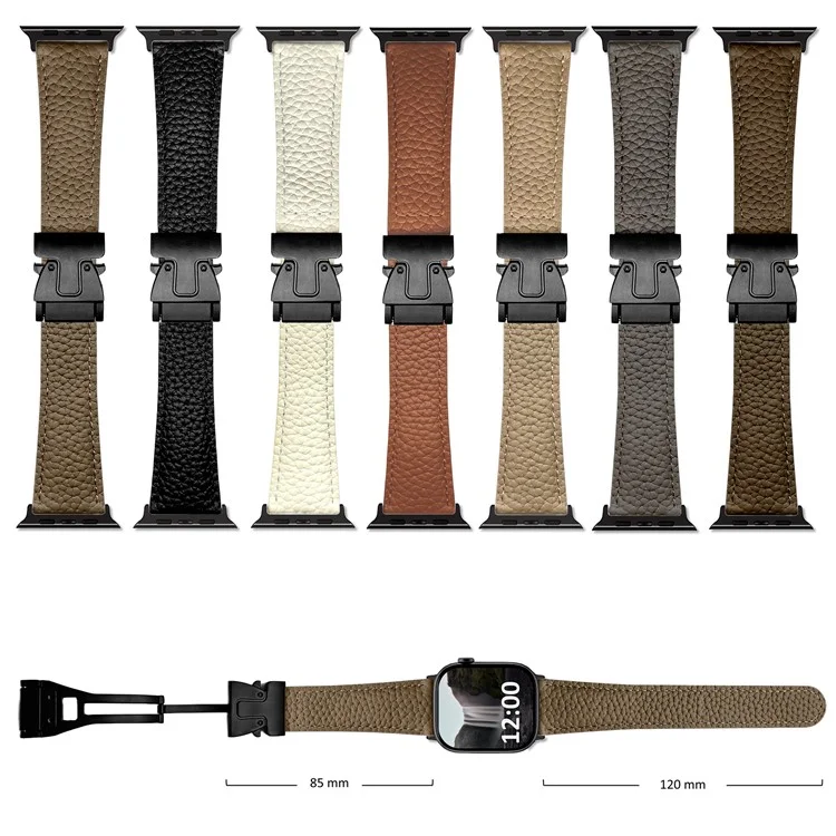 Correa de cuero genuino de vaca para Apple Watch Series 10 9 8 7 SE 6 5 4 3 2 1 de 42mm, 41mm, 40mm y 38mm, con textura de lichis y hebilla magnética - Albaricoque