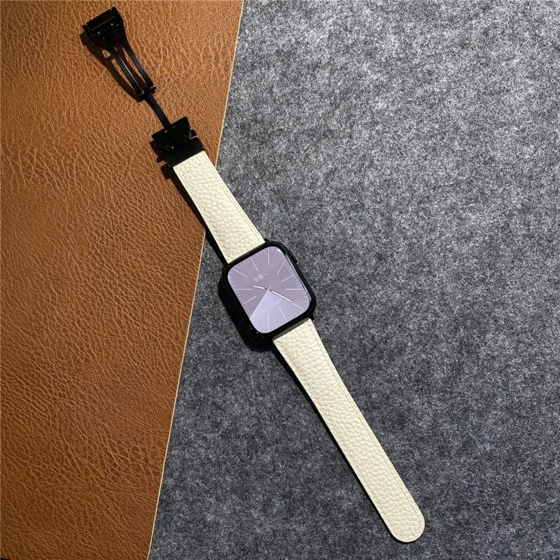 Bracelet en cuir de vache véritable pour Apple Watch Series 10 9 8 7 SE 6 5 4 3 2 1 42 mm 41 mm 40 mm 38 mm, texture de litchi, boucle magnétique - Gris