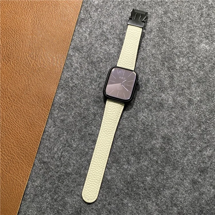 Correa de cuero de vaca genuino para Apple Watch Series 10 Ultra 9 8 7 SE 6 5 4 3 2 1 de 46 mm, 49 mm, 45 mm, 44 mm, 42 mm, con hebilla magnética - Beige