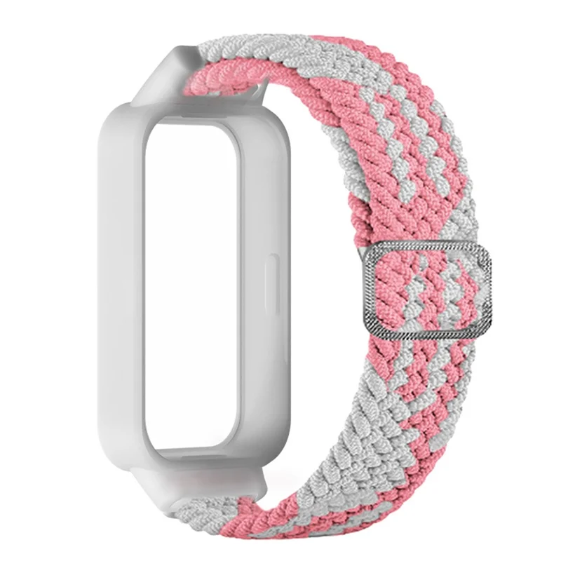 For Xiaomi Smart Band 9 Active / Redmi Band 3 Woven Nylon Strap Snap-On Case Watch Band - Pink+White