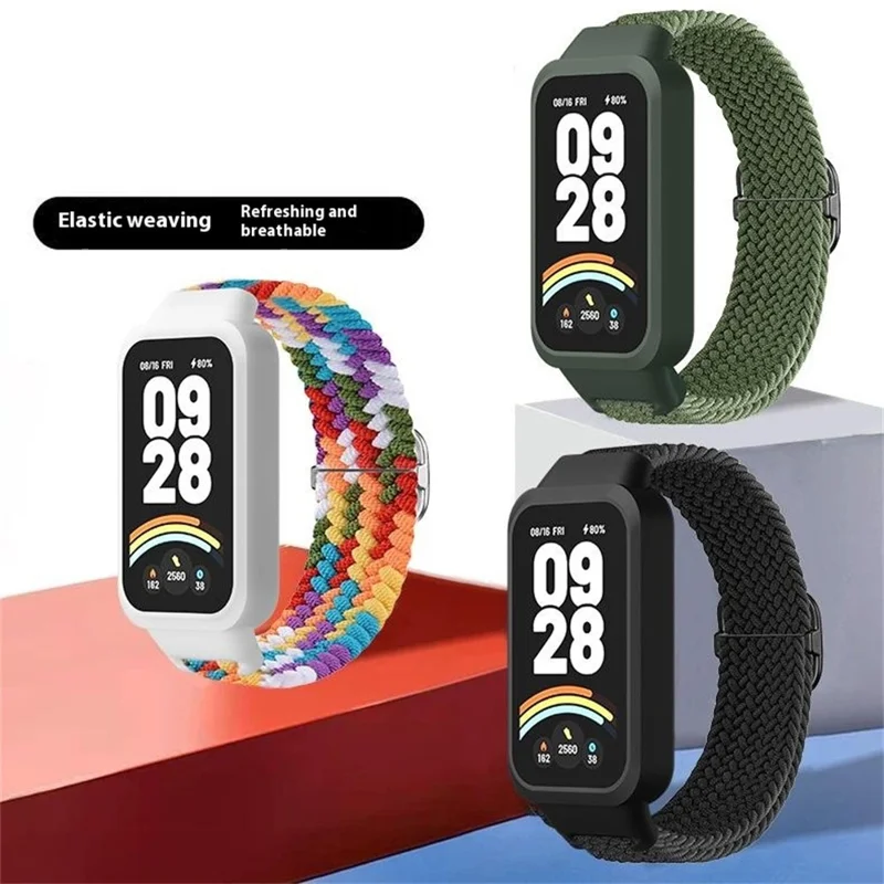 For Xiaomi Smart Band 9 Active / Redmi Band 3 Woven Nylon Strap Snap-On Case Watch Band - Pink+White