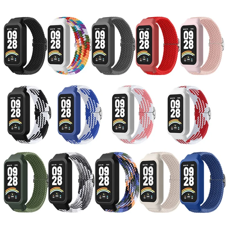For Xiaomi Smart Band 9 Active / Redmi Band 3 Woven Nylon Strap Snap-On Case Watch Band - Pink+White
