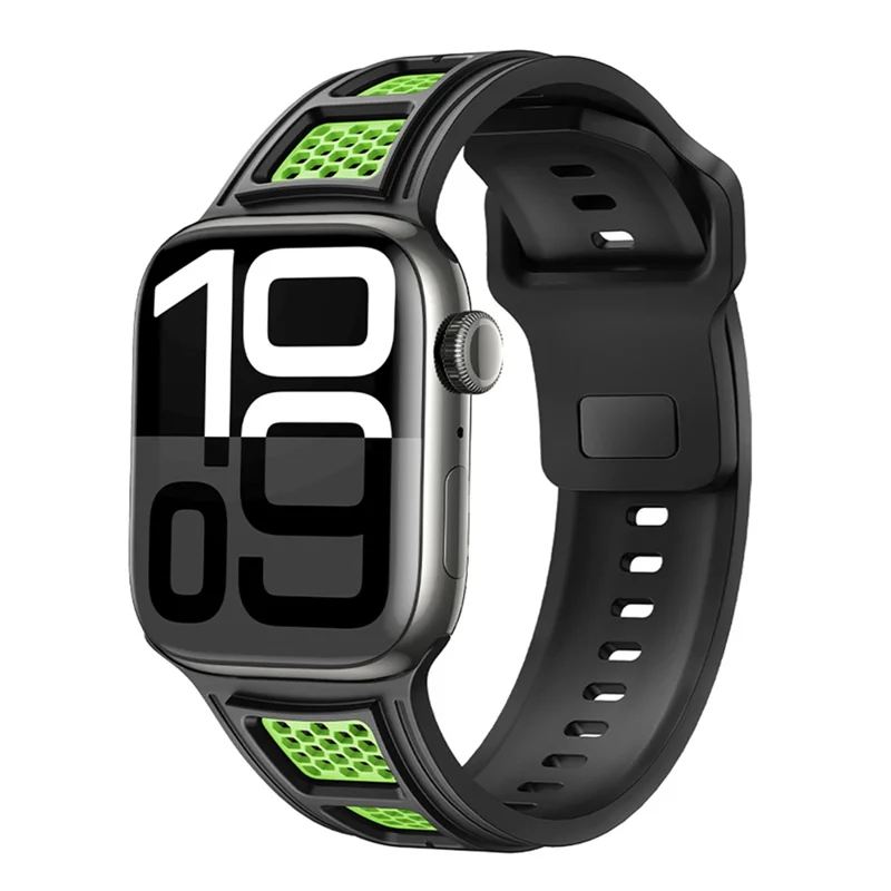 Sporty Watch Band for Apple Watch Ultra 3 2 1 49mm / Series 11 10 46mm / 9 8 7 45mm / SE3 SE2 SE 6 5 4 44mm / 3 2 1 42mm Dual Color Holes Design Silicone Strap - Black+Green