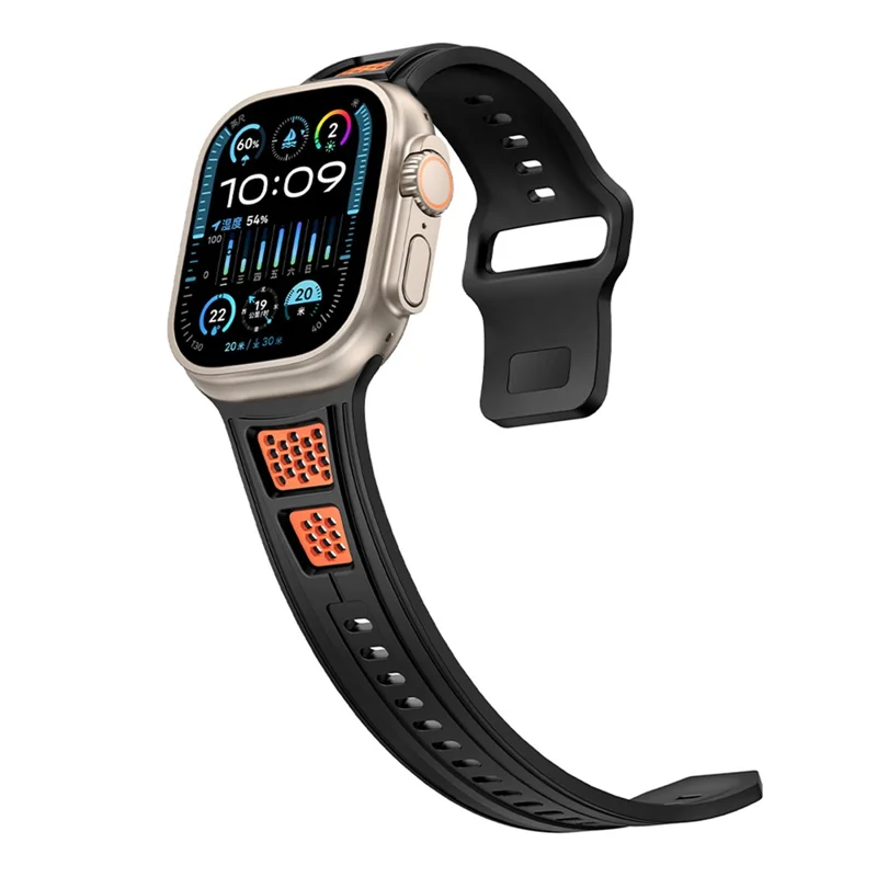 Sporty Watch Band for Apple Watch Series 10 9 8 7 SE 6 5 4 3 2 1 42mm 41mm 40mm 38mm Dual Color Holes Design Silicone Strap - Black+Orange