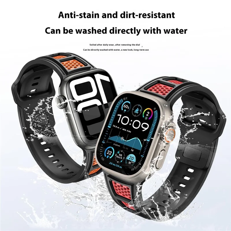 Sporty Watch Band for Apple Watch Series 10 9 8 7 SE 6 5 4 3 2 1 42mm 41mm 40mm 38mm Dual Color Holes Design Silicone Strap - Black+Orange