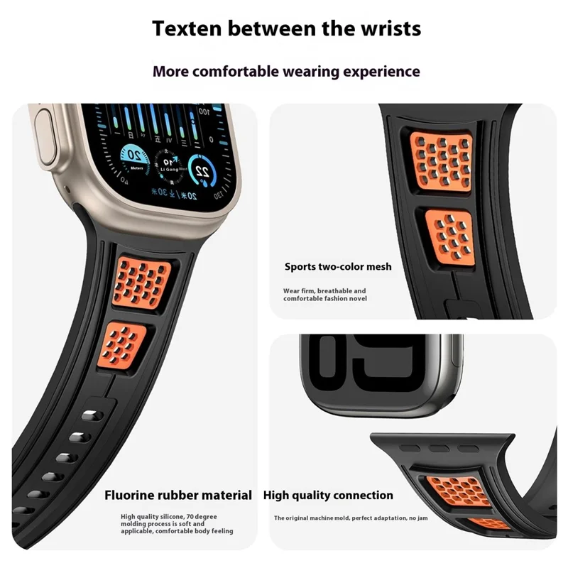 Sporty Watch Band for Apple Watch Series 10 9 8 7 SE 6 5 4 3 2 1 42mm 41mm 40mm 38mm Dual Color Holes Design Silicone Strap - Black+Orange