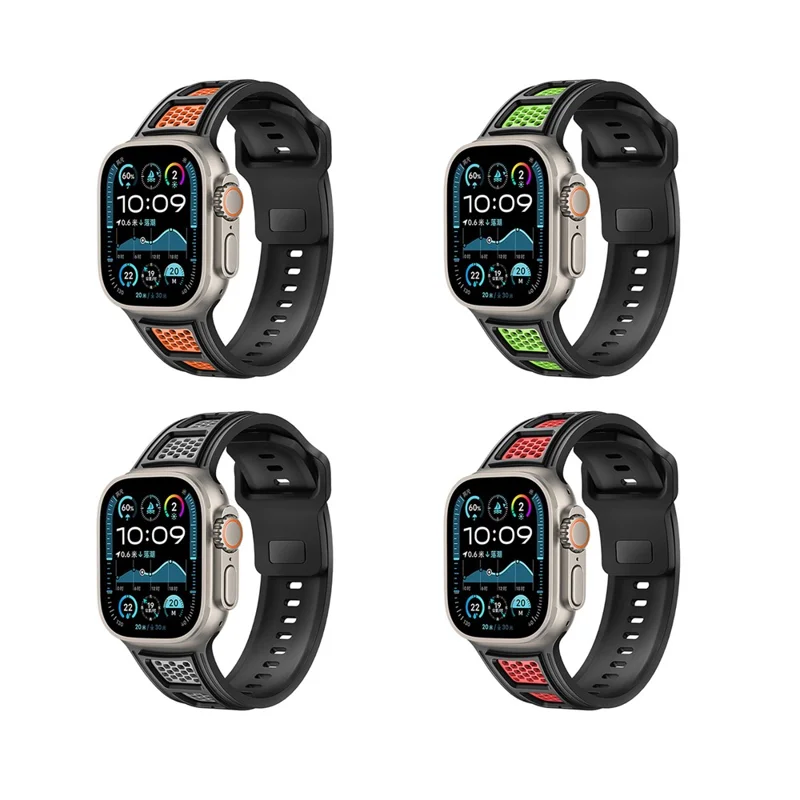 Sporty Watch Band for Apple Watch Series 10 9 8 7 SE 6 5 4 3 2 1 42mm 41mm 40mm 38mm Dual Color Holes Design Silicone Strap - Black+Orange