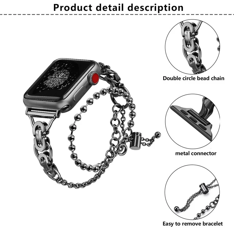 KALEBOL Metal Strap for Apple Watch Series 10 9 8 7 SE 6 5 4 3 2 1 42mm 41mm 40mm 38mm Beaded Watch Band - Black
