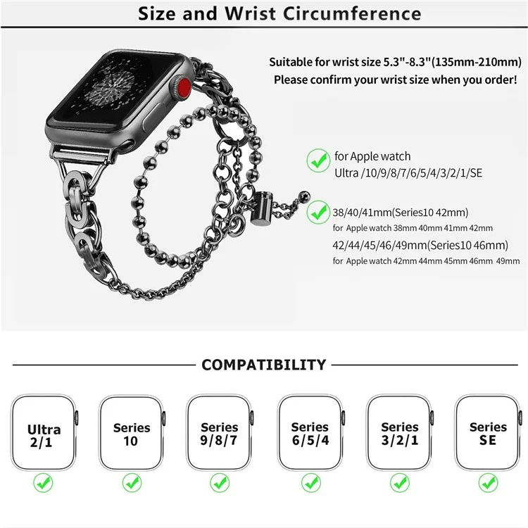 KALEBOL Metal Strap for Apple Watch Series 10 9 8 7 SE 6 5 4 3 2 1 42mm 41mm 40mm 38mm Beaded Watch Band - Black