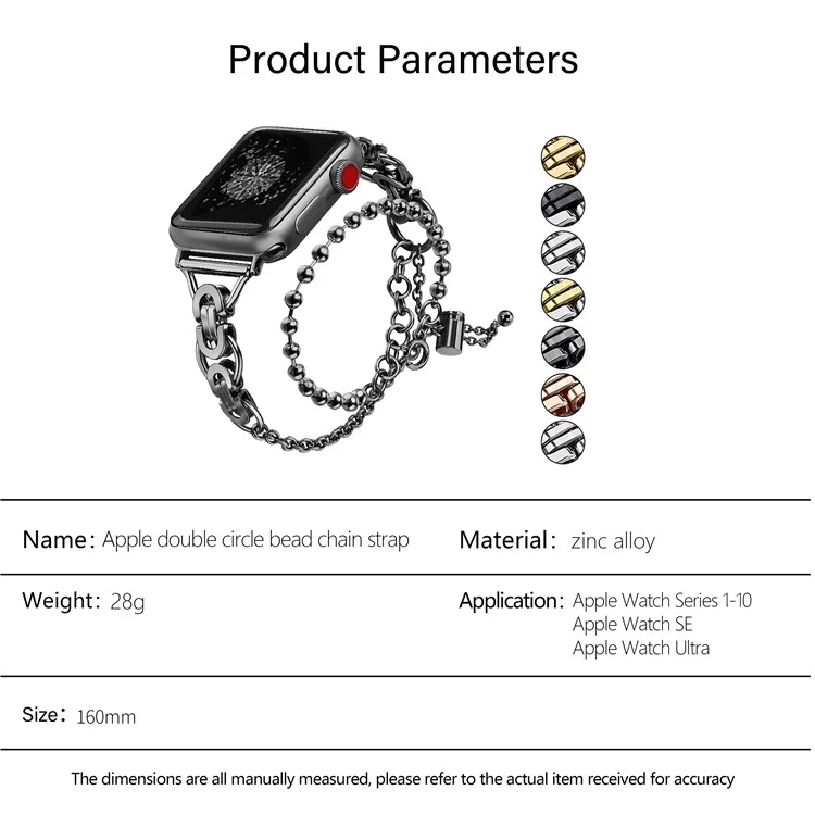 KALEBOL Metal Strap for Apple Watch Series 10 9 8 7 SE 6 5 4 3 2 1 42mm 41mm 40mm 38mm Beaded Watch Band - Black
