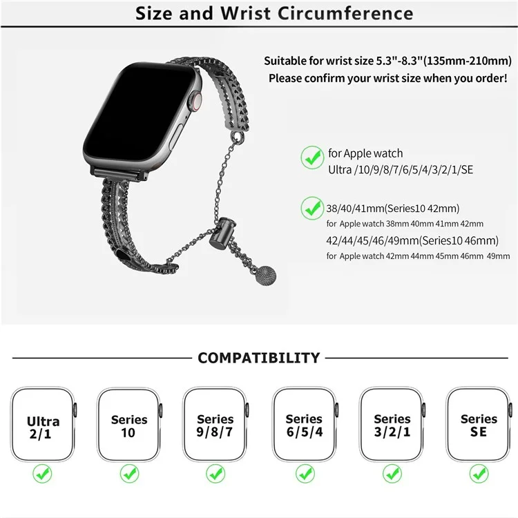 Браслет-ремешок для умных часов KALEBOL Love для Apple Watch Series 10 Ultra 9 8 7 SE 6 5 4 3 2 1 46 мм, 49 мм, 45 мм, 44 мм, 42 мм, циркониевый сплав цинка - черный