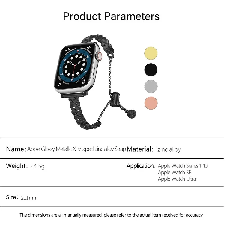KALEBOL X-Formband für Apple Watch Series 10 Ultra 9 8 7 SE 6 5 4 3 2 1 46 mm 49 mm 45 mm 44 mm 42 mm, Zinklegierung, glänzend - Schwarz