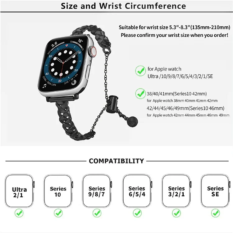 KALEBOL X-Formband für Apple Watch Series 10 Ultra 9 8 7 SE 6 5 4 3 2 1 46 mm 49 mm 45 mm 44 mm 42 mm, Zinklegierung, glänzend - Schwarz