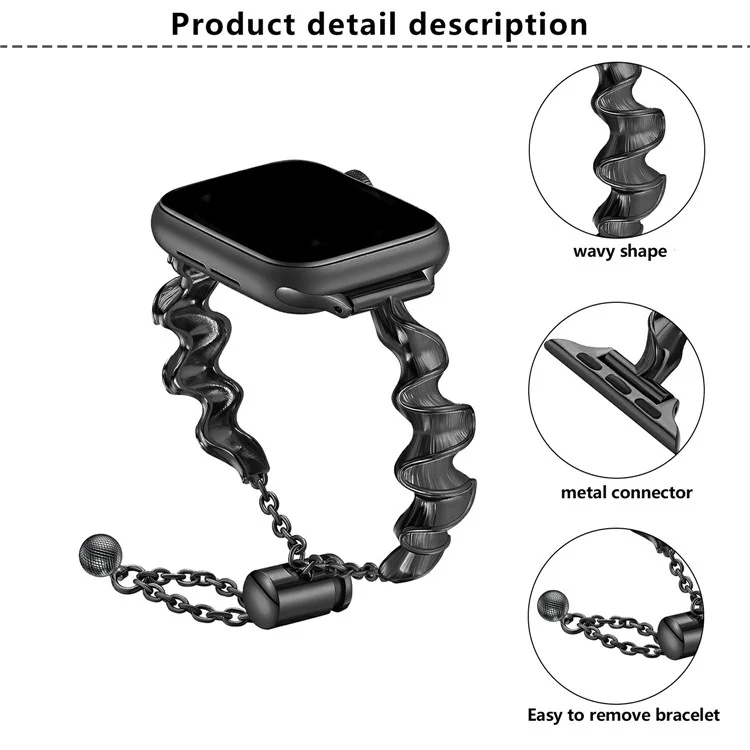 KALEBOL Armband aus Zinklegierung für Apple Watch Series 10 9 8 7 SE 6 5 4 3 2 1 42mm 41mm 40mm 38mm, wellenförmiger Bandstil - Schwarz
