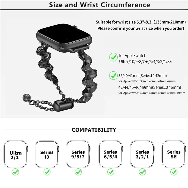 KALEBOL Armband aus Zinklegierung für Apple Watch Series 10 9 8 7 SE 6 5 4 3 2 1 42mm 41mm 40mm 38mm, wellenförmiger Bandstil - Schwarz