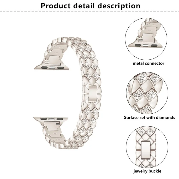 KALEBOL Diamond Shape Watch Band for Apple Watch Series 10 9 8 7 SE 6 5 4 3 2 1 42mm 41mm 40mm 38mm Rhinestone Zinc Alloy Strap - Starlight