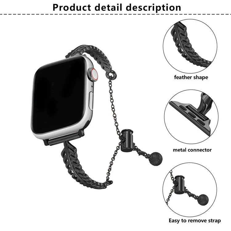 Pulseira de relógio com formato de pena da KALEBOL para Apple Watch Series 10 9 8 7 SE 6 5 4 3 2 1 42mm 41mm 40mm 38mm - Preta
