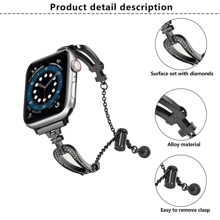 Браслет для Apple Watch серии 10 Ultra 9 8 7 SE 6 5 4 3 2 1 46 мм 49 мм 45 мм 44 мм 42 мм KALEBOL U-образной формы, с инкрустацией из кристаллов, из сплава цинка - черный.
