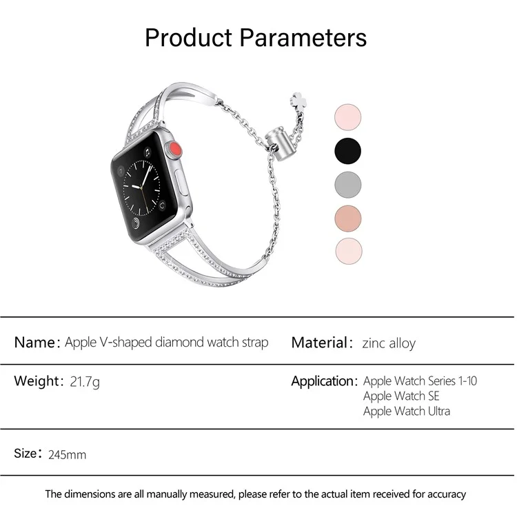 KALEBOL V-förmiges Uhrenarmband für Apple Watch Series 10 Ultra 9 8 7 SE 6 5 4 3 2 1 46mm 49mm 45mm 44mm 42mm Strass-Zinklegierung - Silber