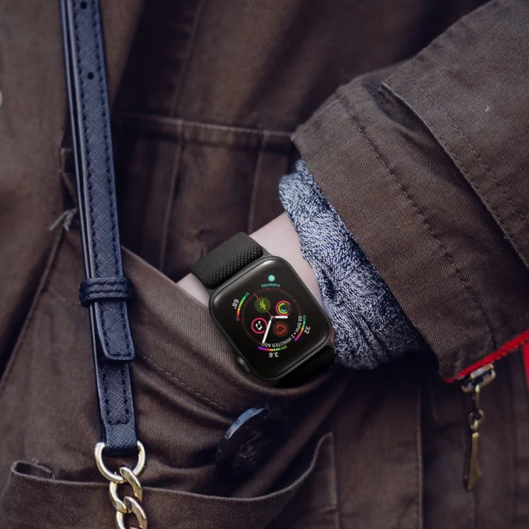 Регулируемый тканый полиэстеровый ремешок для часов, совместимый с Apple Watch Series 10, 9, 8, 7, SE, 6, 5, 4, 3, 2, 1 - 42мм, 41мм, 40мм, 38мм - Черный
