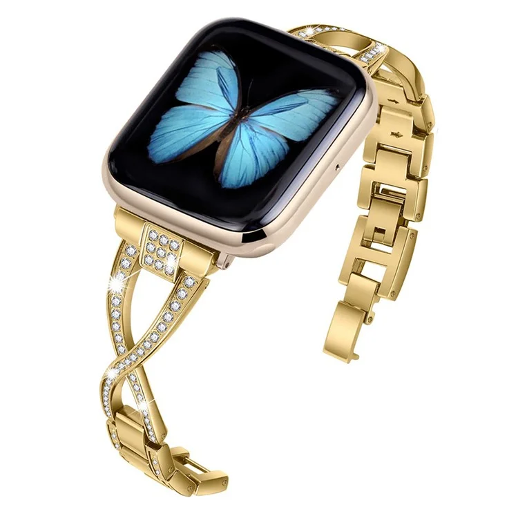 Браслет для часов KALEBOL Cross для Apple Watch Series 10 9 8 7 SE 6 5 4 3 2 1 42 мм 41 мм 40 мм 38 мм, сделанный из сплава цинка с кристаллами - золотой