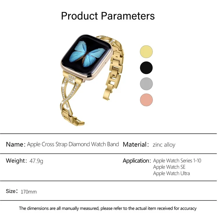 Браслет для часов KALEBOL Cross для Apple Watch Series 10 9 8 7 SE 6 5 4 3 2 1 42 мм 41 мм 40 мм 38 мм, сделанный из сплава цинка с кристаллами - золотой