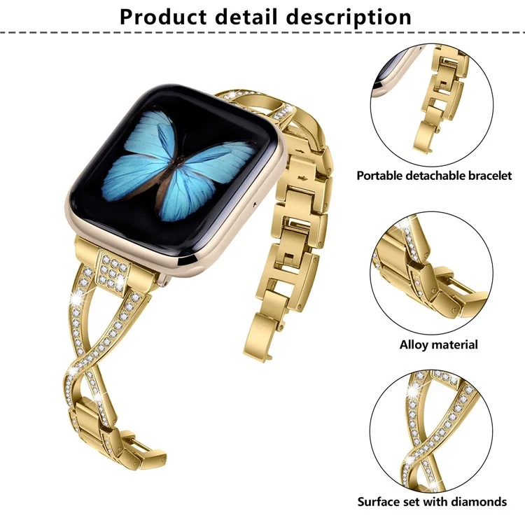 KALEBOL Крестообразный ремешок для часов Apple Watch Series 10 Ultra 9 8 7 SE 6 5 4 3 2 1 46 мм 49 мм 45 мм 44 мм 42 мм, ремешок на запястье из сплава цинка с кристаллами - золотой