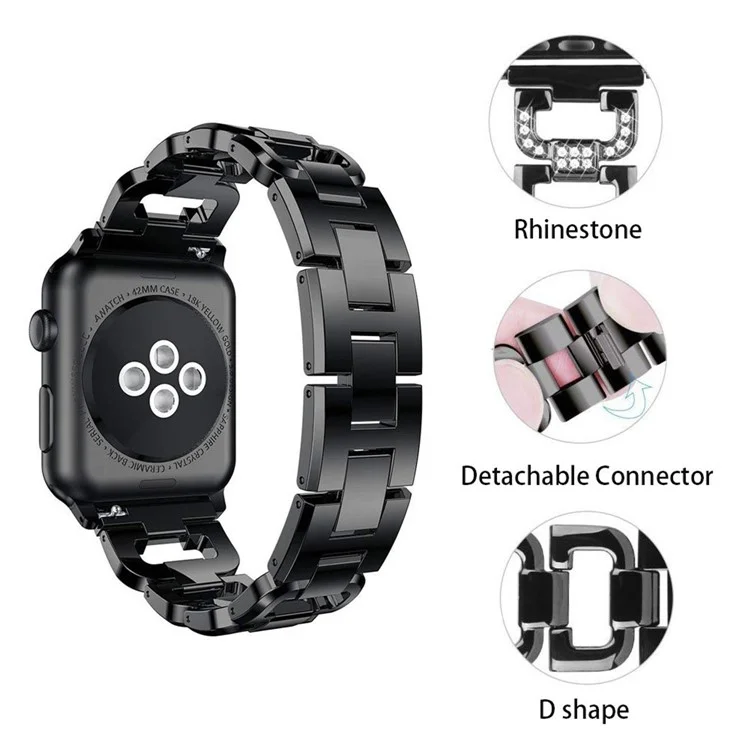 Bracelet de montre carré KALEBOL pour Apple Watch Series 10 9 8 7 SE 6 5 4 3 2 1 42mm 41mm 40mm 38mm, en alliage de zinc avec strass - Noir