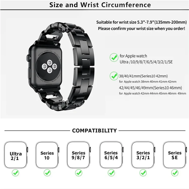 Bracelet de montre carré KALEBOL pour Apple Watch Series 10 9 8 7 SE 6 5 4 3 2 1 42mm 41mm 40mm 38mm, en alliage de zinc avec strass - Noir