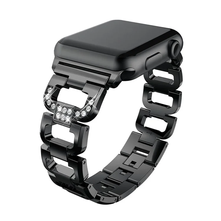 Bracelet de montre carré KALEBOL pour Apple Watch Séries 10 Ultra 9 8 7 SE 6 5 4 3 2 1 46mm 49mm 45mm 44mm 42mm, en alliage de zinc avec strass - Noir