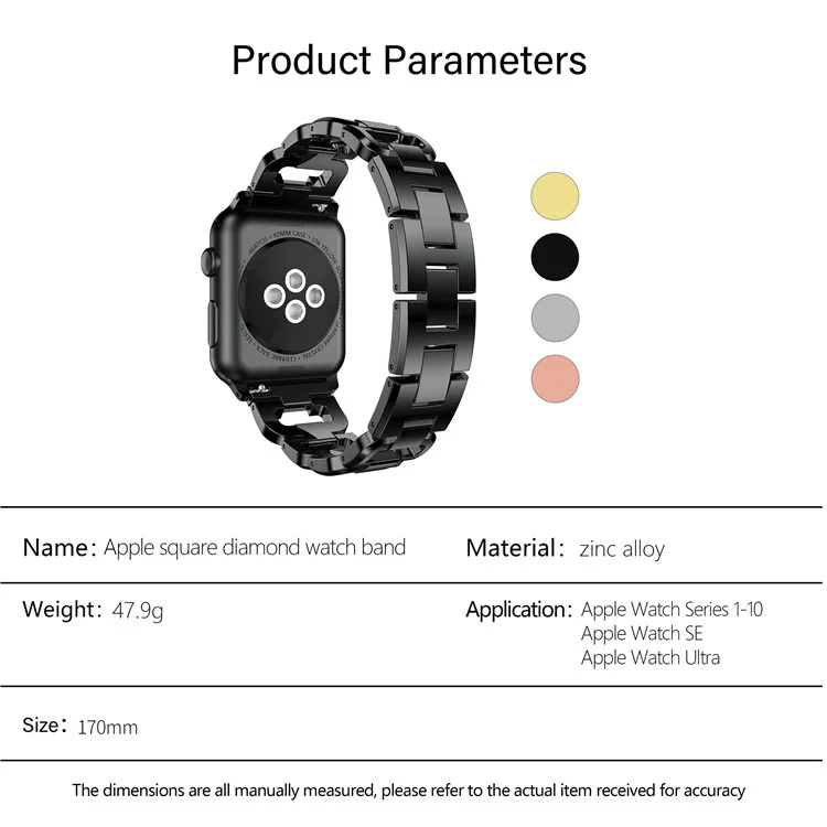 Bracelet de montre carré KALEBOL pour Apple Watch Séries 10 Ultra 9 8 7 SE 6 5 4 3 2 1 46mm 49mm 45mm 44mm 42mm, en alliage de zinc avec strass - Noir